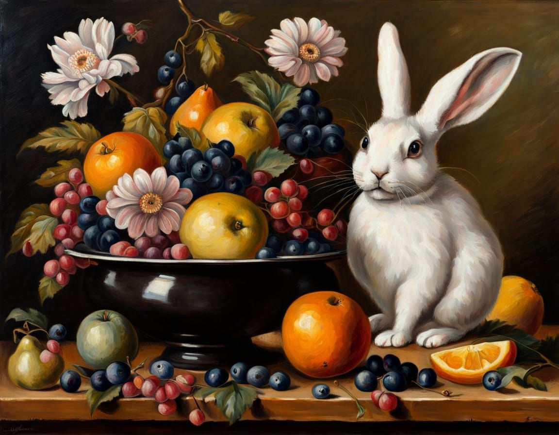 Chiaroscuro Still Life: Rabbit and Fruit Bowl
