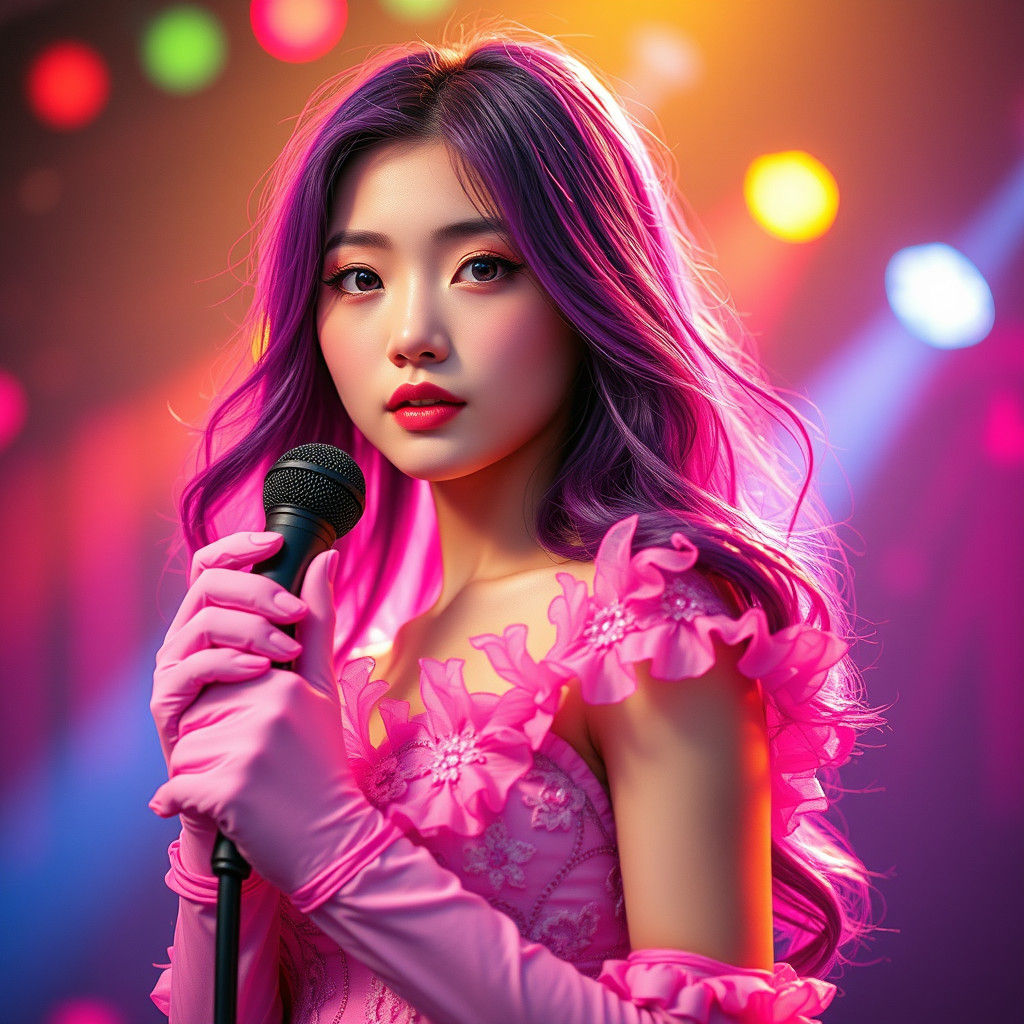 Ethereal Woman with Rainbow Hair on Stage