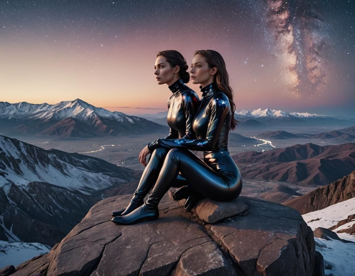 Girl in Vinyl Catsuit Under Starry Sky