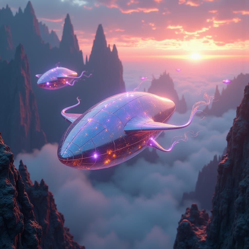 Ethereal Alien Vessels in Mystical Landscape