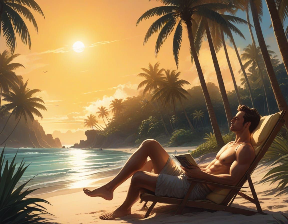 Person Relaxing on Beach in Comic Book Art Style