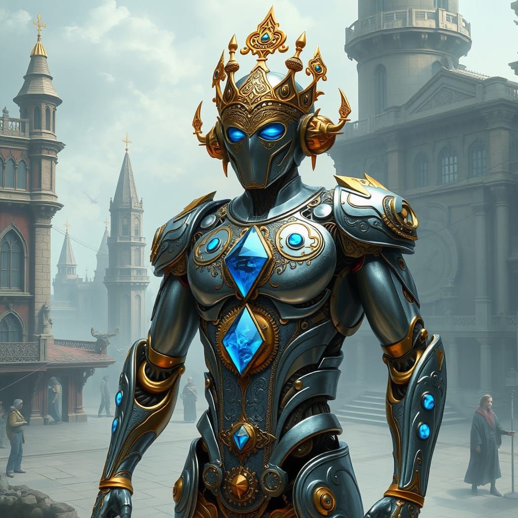 Regal Automaton with Golden Filigree in Retrofuturistic Styl...