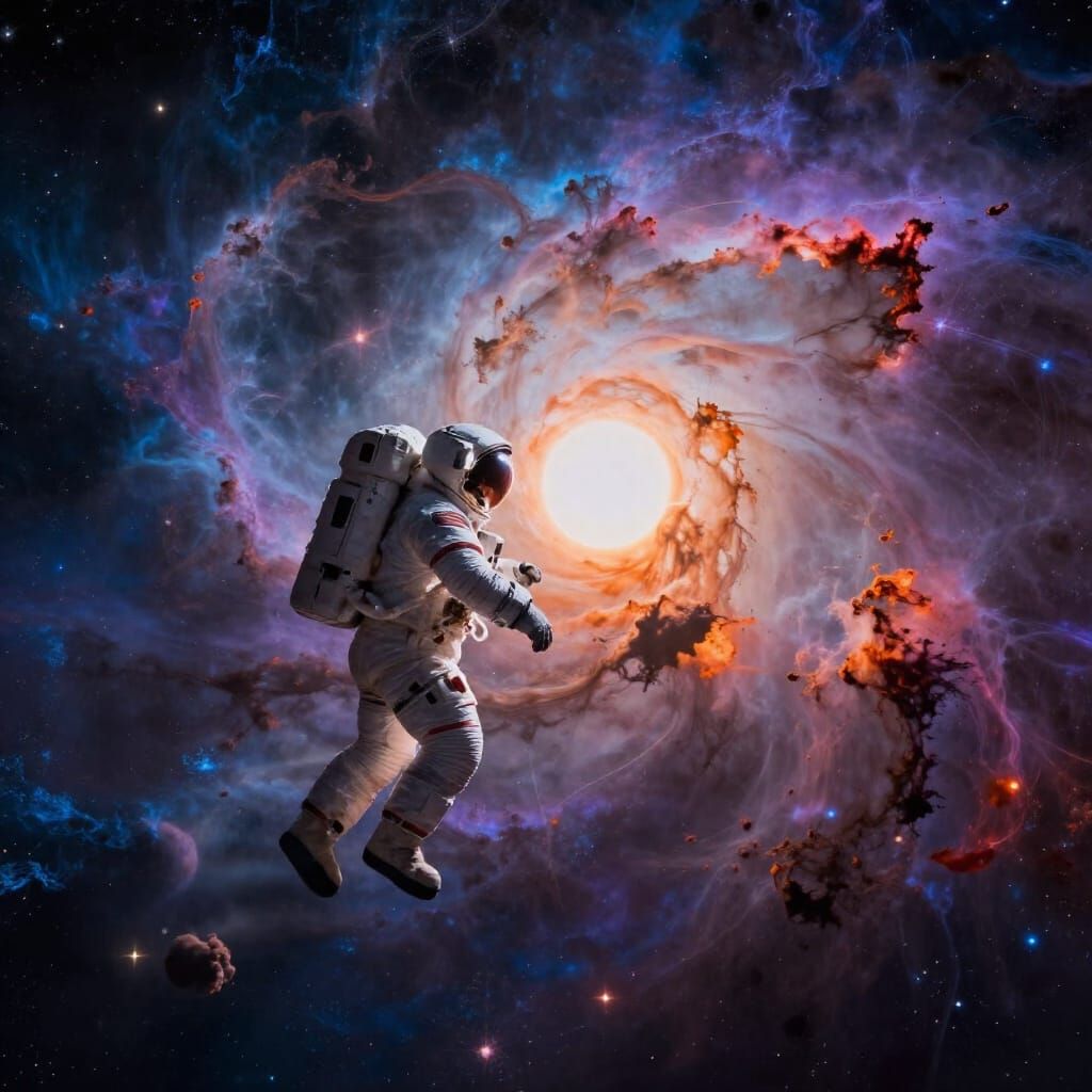 Astronaut Drifting in Cosmic Nebula Towards Hopeful Sun
