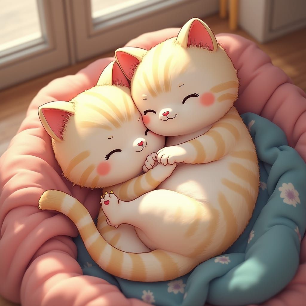 Two Cats Cuddling in 3D Anime Style