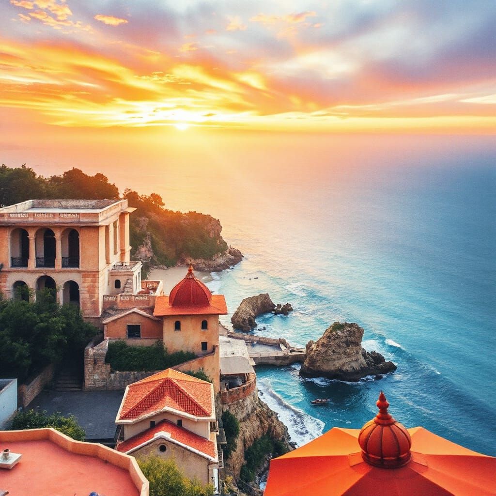 Surreal Goa Sunset Landscape in Watercolor Style