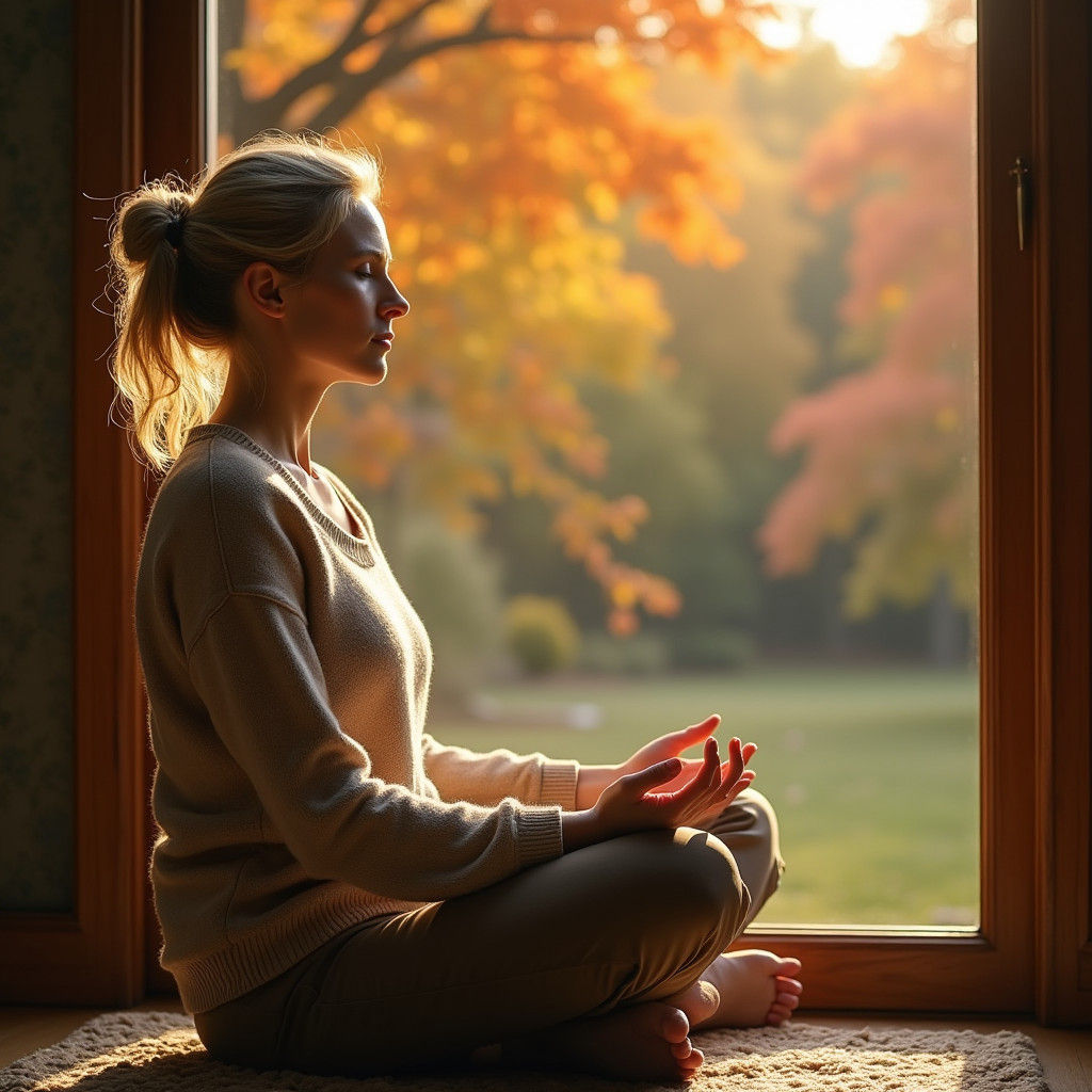 Meditative Woman in Autumn Park: Hyperrealistic Image