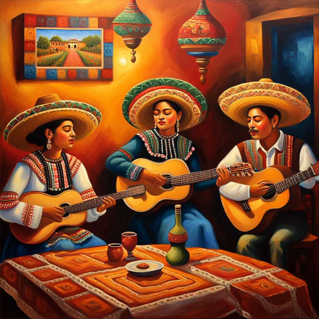 Mexican Singers in Quaint Restaurant: Oil Painting