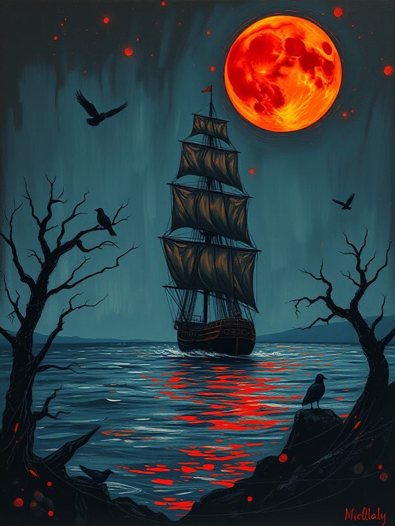 Tall Ship Sails Under Red Moon in Neo-Impressionism
