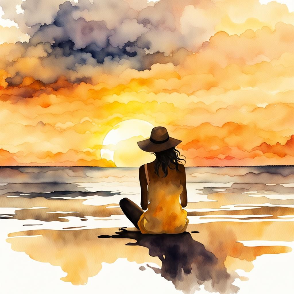 Watercolor Beach Sunset with Silhouette