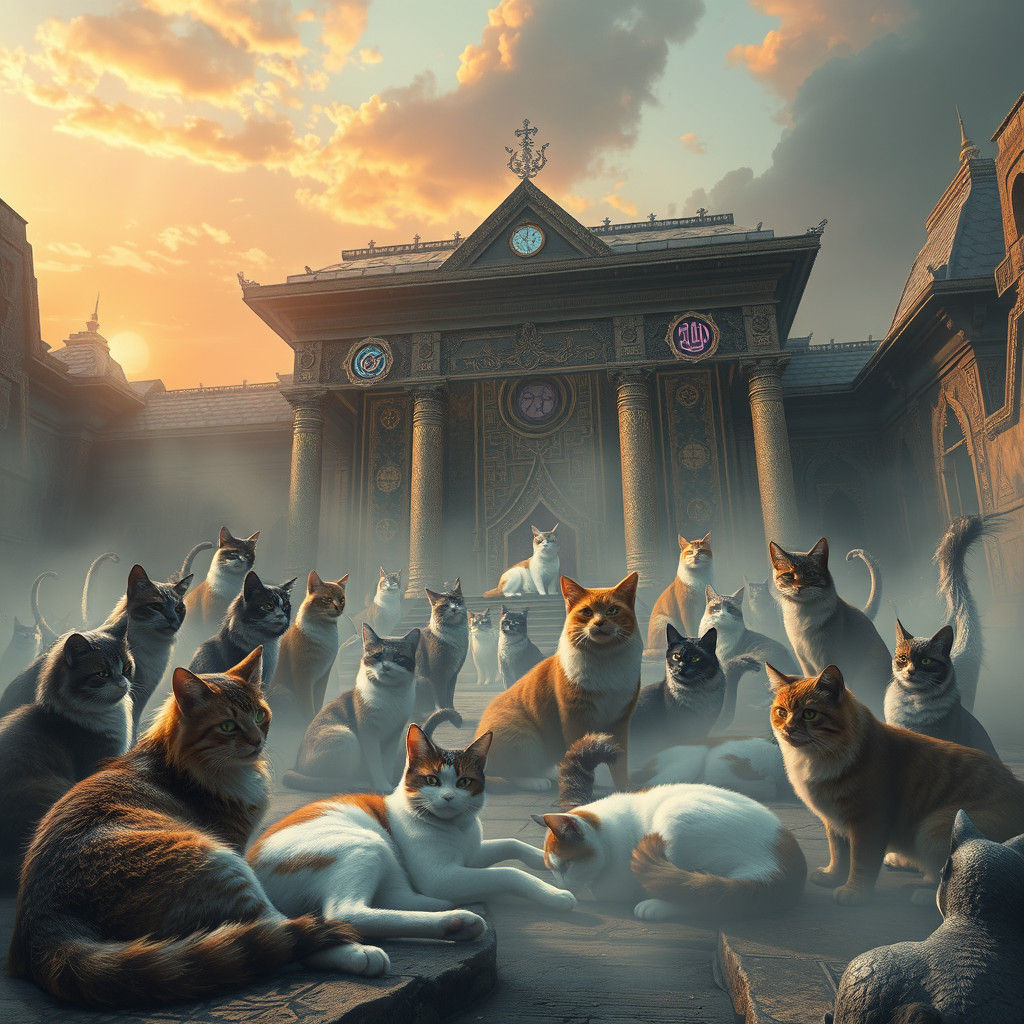 Mystical Cats Gather Amidst Ancient Temple Ruins in Fantasy...
