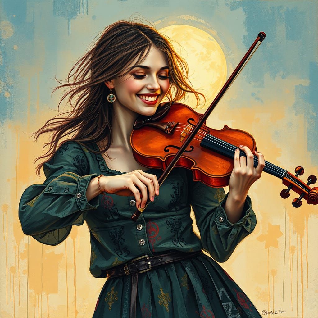 Joyful Street Violinist Portrait in Mixed Media Collage