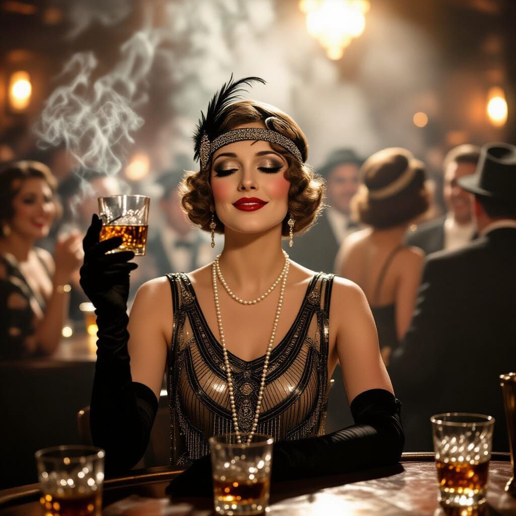 Glamorous Flapper in Sepia Tone, Art Deco Style