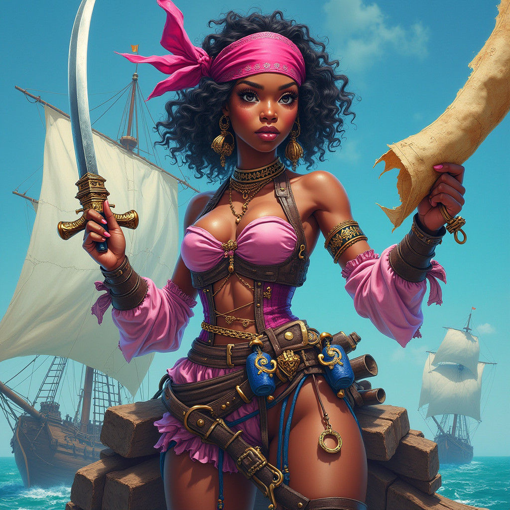 Vibrant African American Pirate Queen in Street Art Style