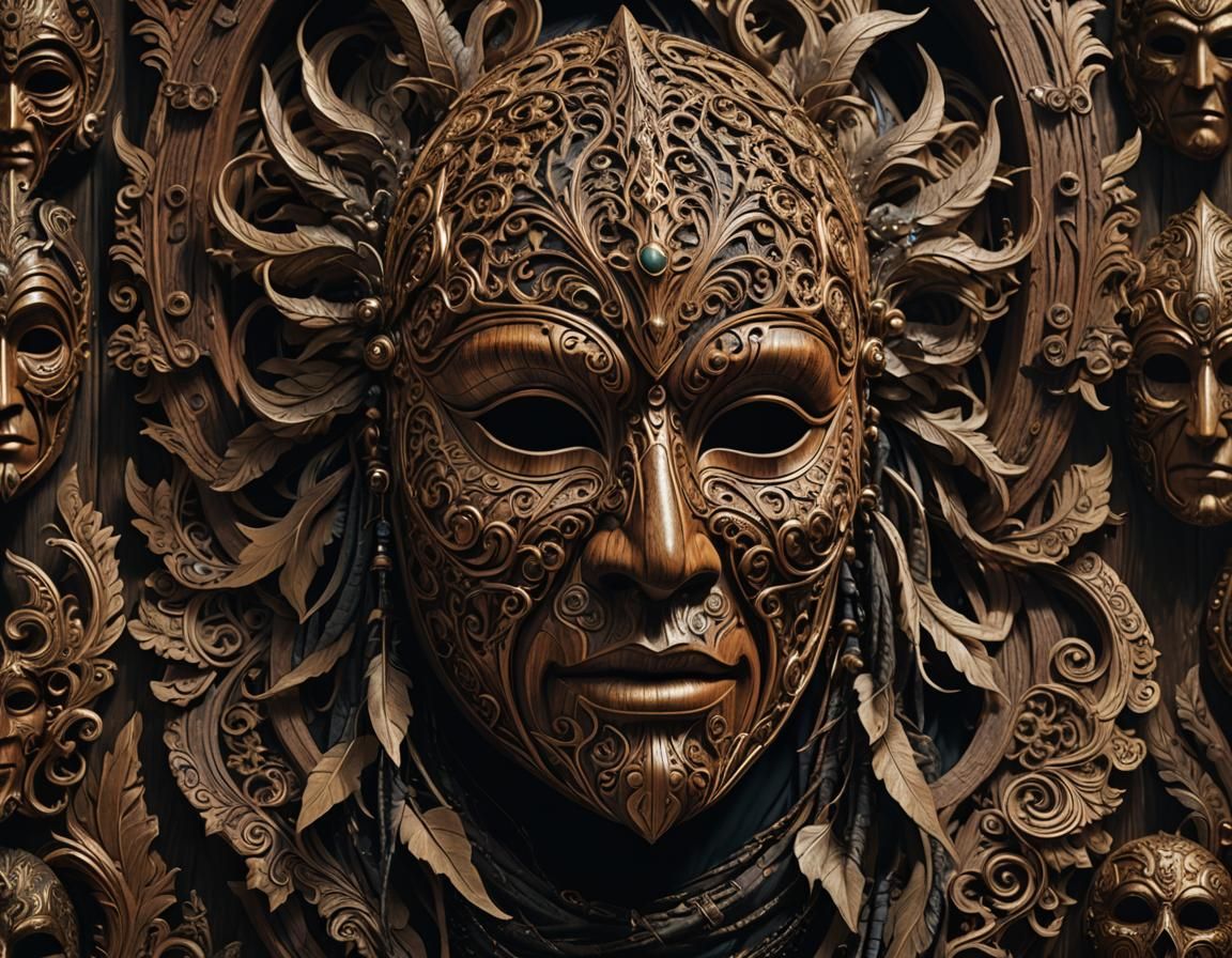 Intricate Wooden Mask: Digital Matte Painting