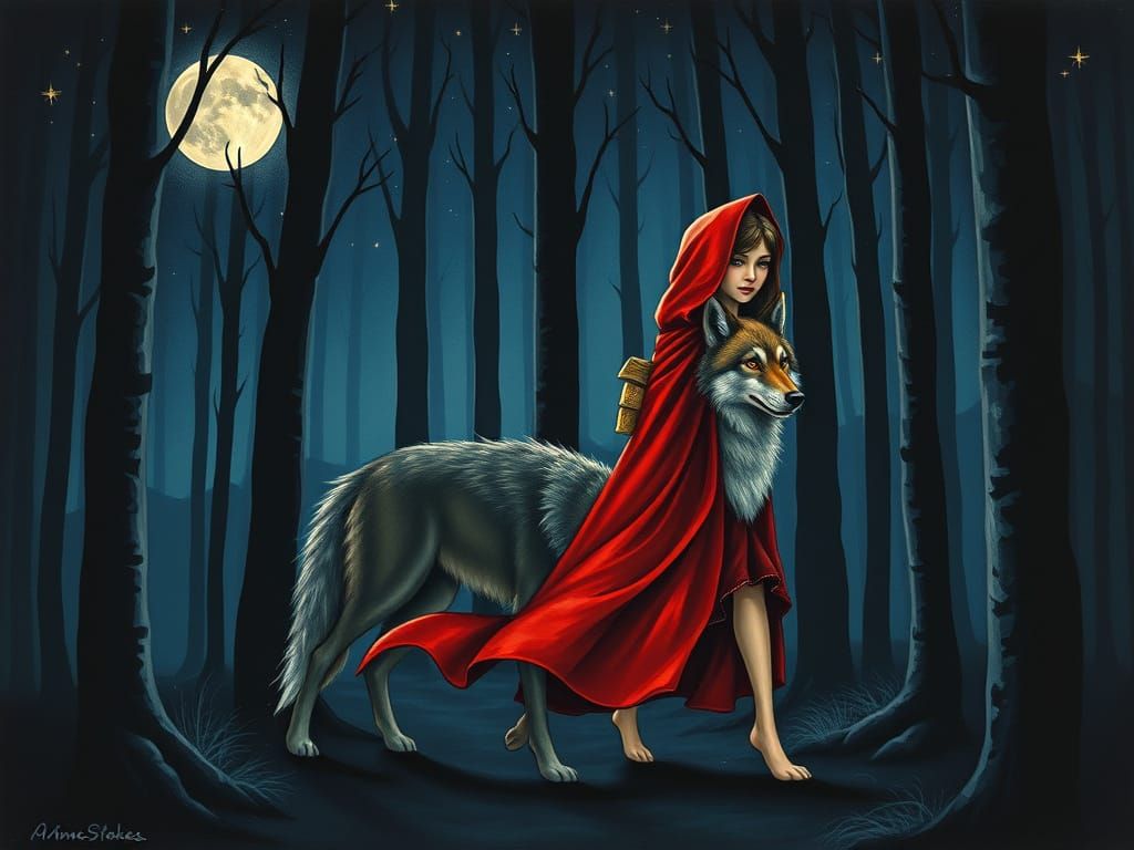 Red Riding Hood and Wolf in Deep Woods