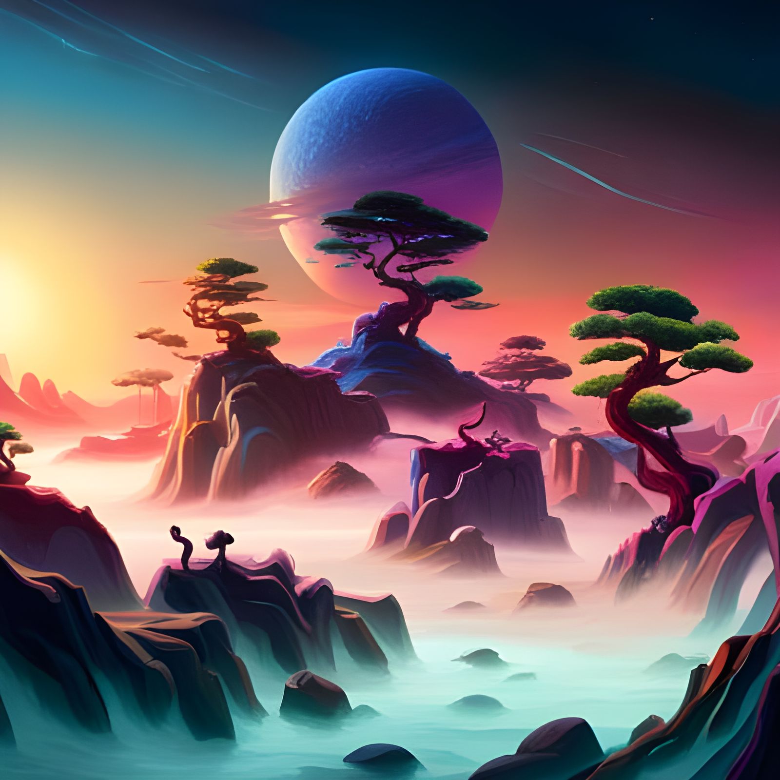 Exotic Alien Planet with Bonsai Trees and Stream