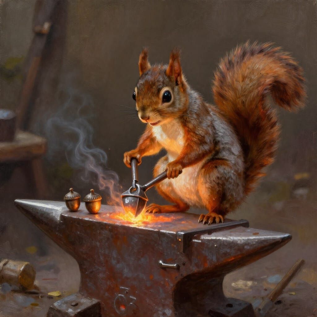 Squirrel Blacksmith Forging Acorn Tools on Ember Anvil