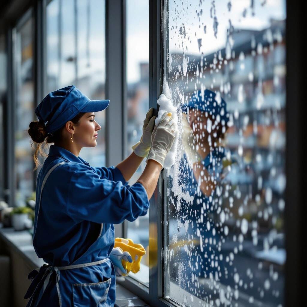Cleaning Lady at Work: A Photorealistic Window Scene