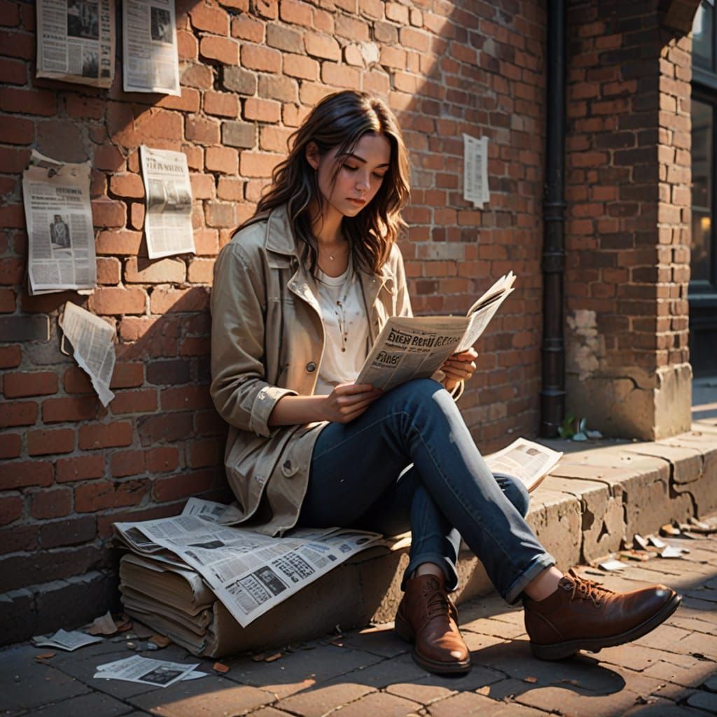 Young Woman Reads Newspaper Against Brick Wall