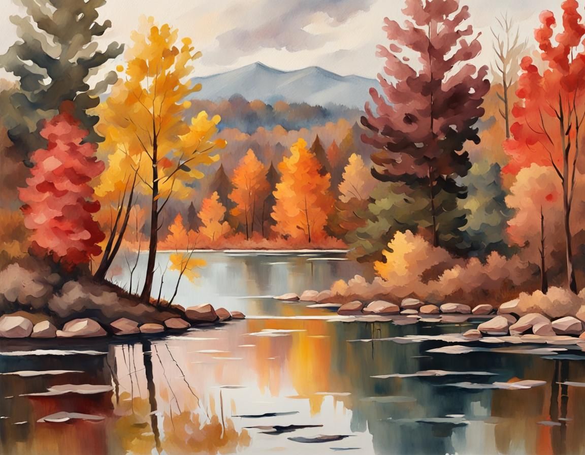 Vibrant Rustic Lake Landscape in Impressionist Gouache Style