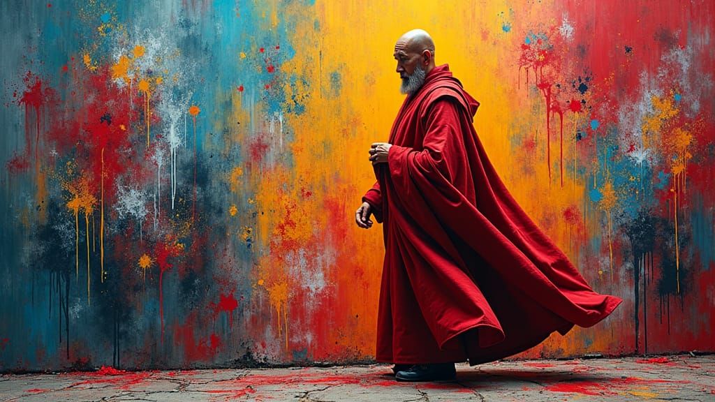 Red Monk in Urban Graffiti Landscape