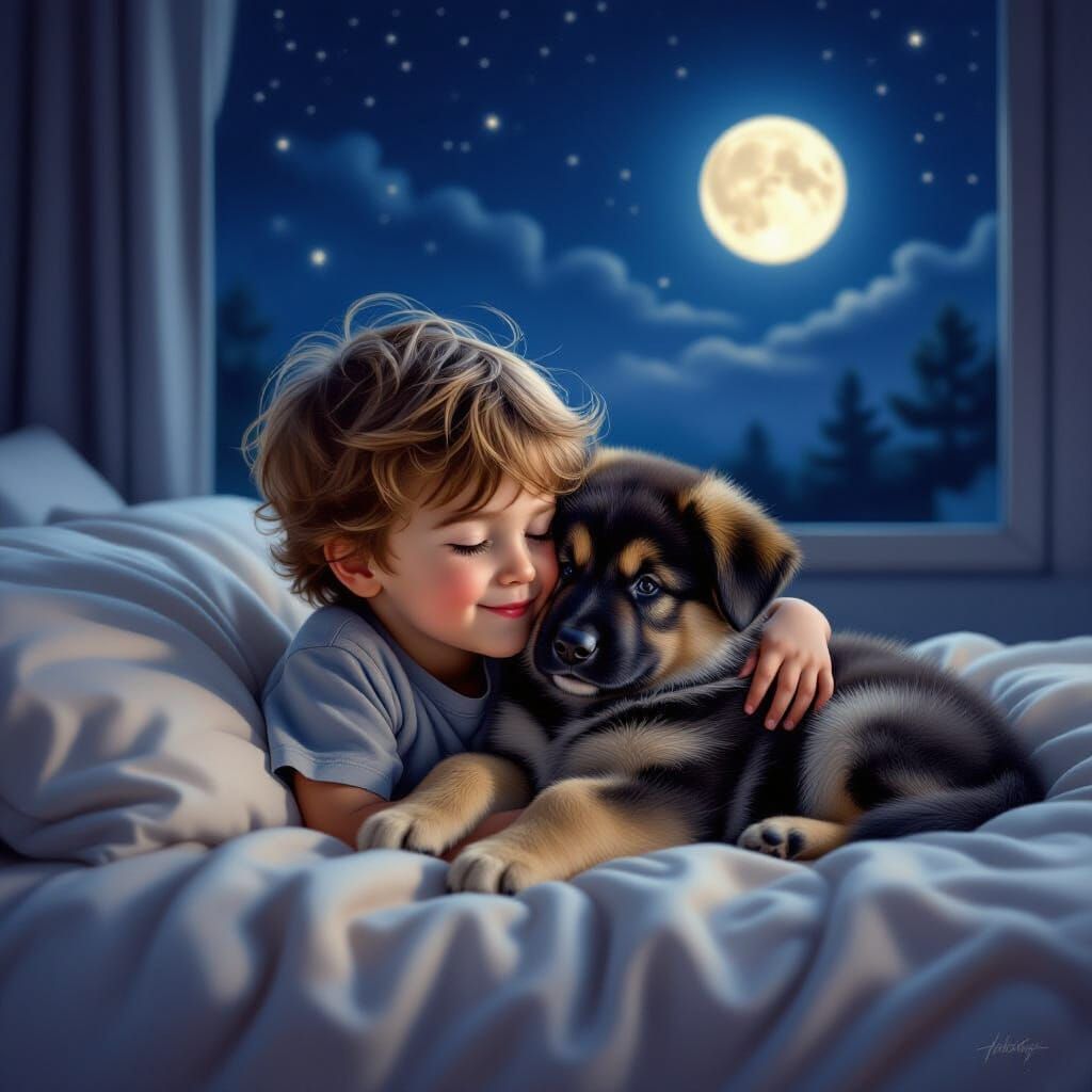 Boy and German Shepherd Puppy Cuddle in Moonlit Bedroom