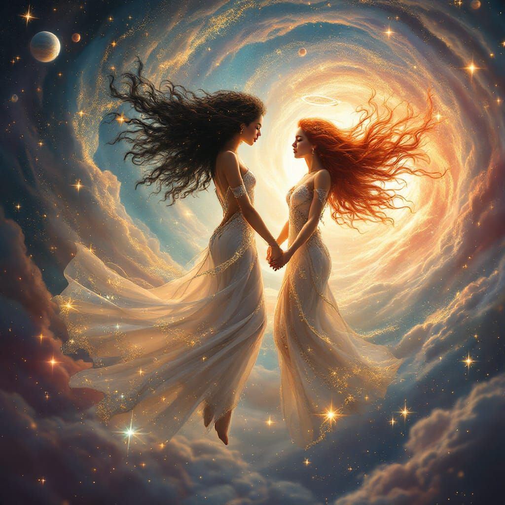Cosmic Soul Sisters Unite in Dreamlike Digital Art