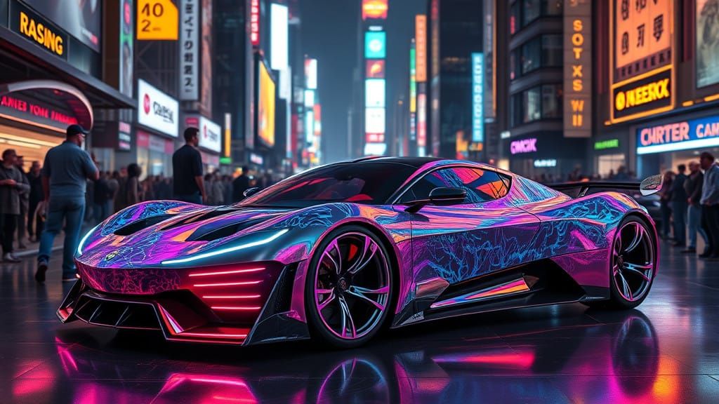 A futuristic car design study featuring a sleek, aerodynamic vehicle with a unique body pattern, LED lights, and gleamin...