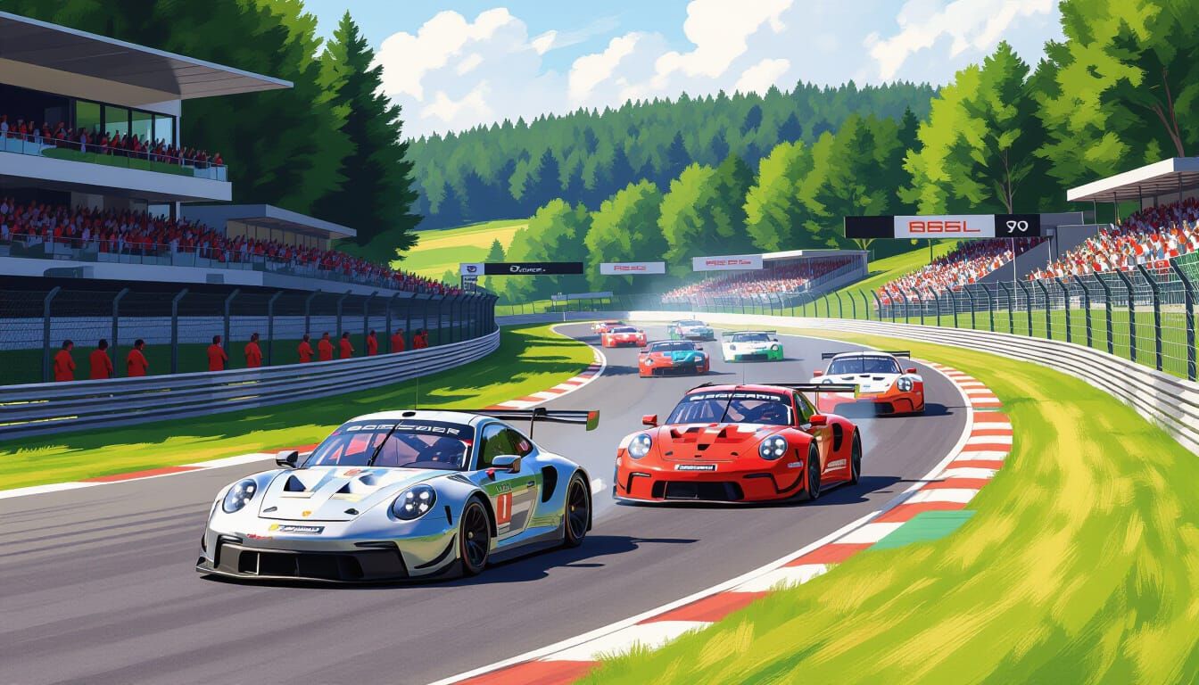 Thrilling Porsche Race at Spa in Neo-Impressionist Style