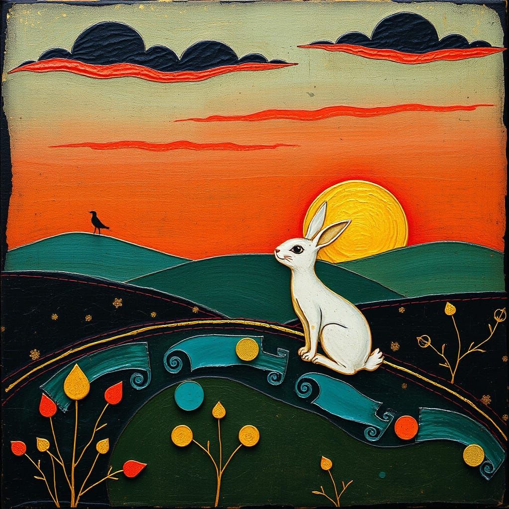 Golden Rabbit on Hill at Sunset, in Baroque Parchment Style
