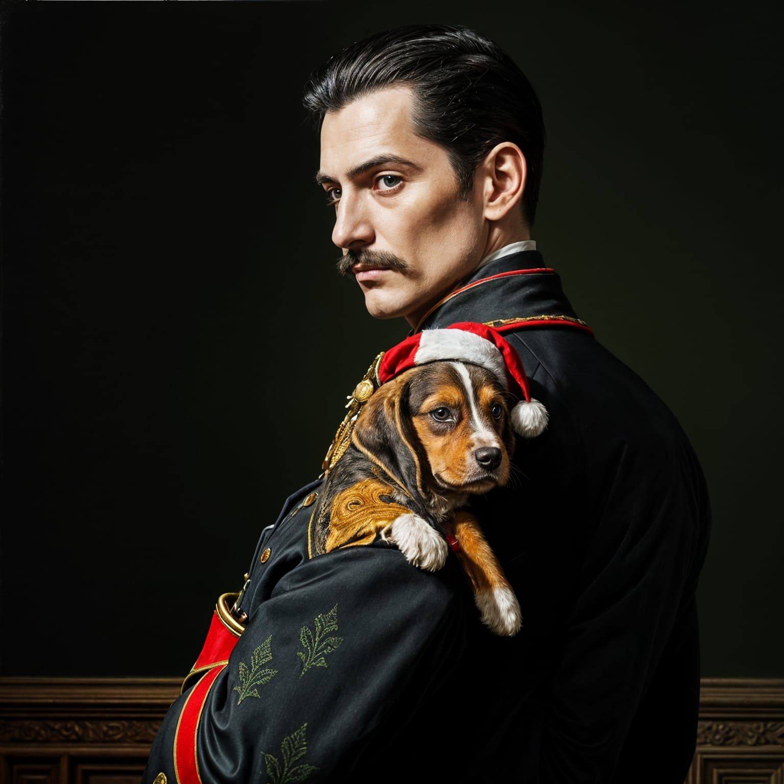 Elegant Aristocrat Cradles Christmas Basset Hound in Festive...