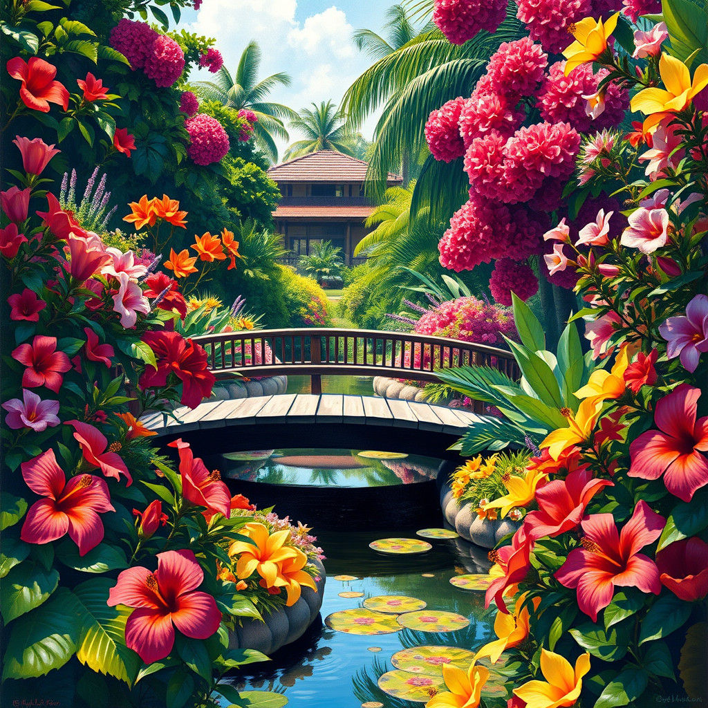 Malay Garden in Fauvist Style with Exotic Flowers
