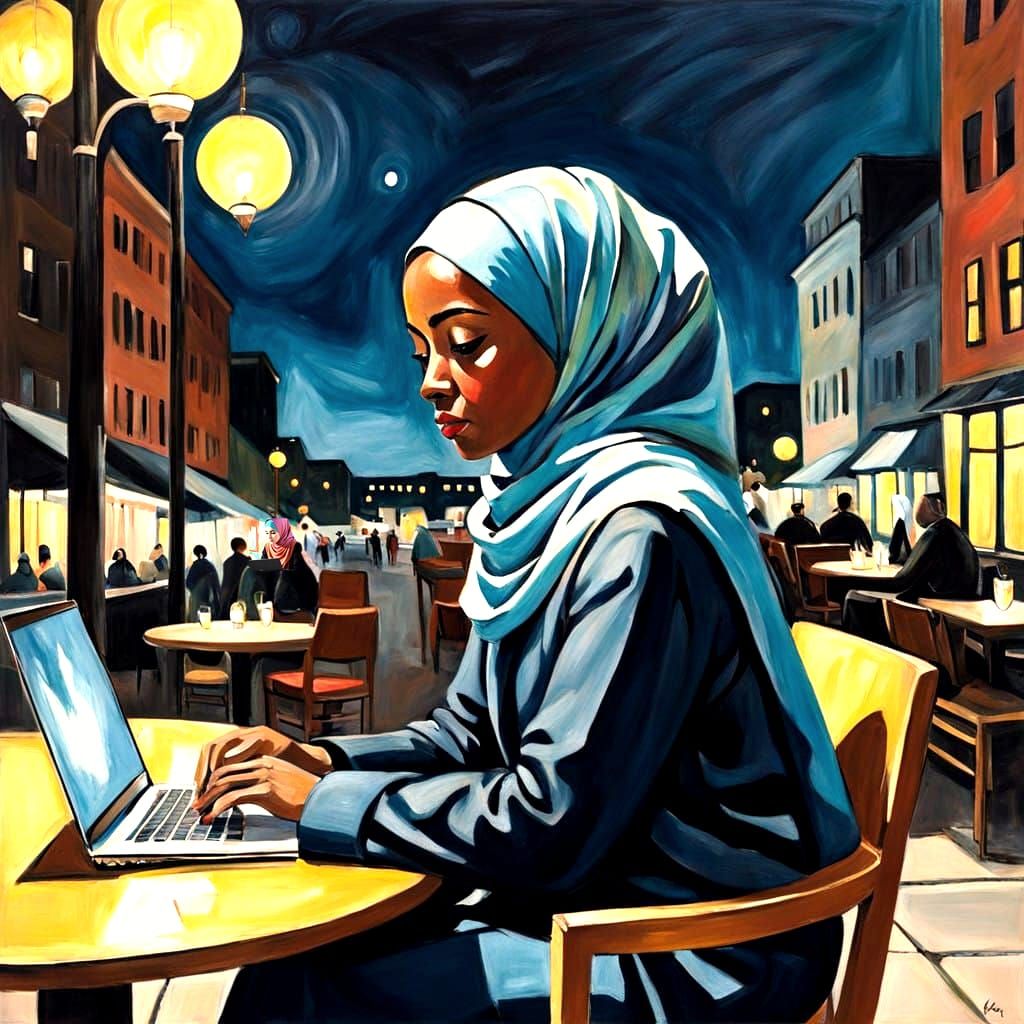 Woman in Hijab Works at Night Cafe in Vibrant Colors