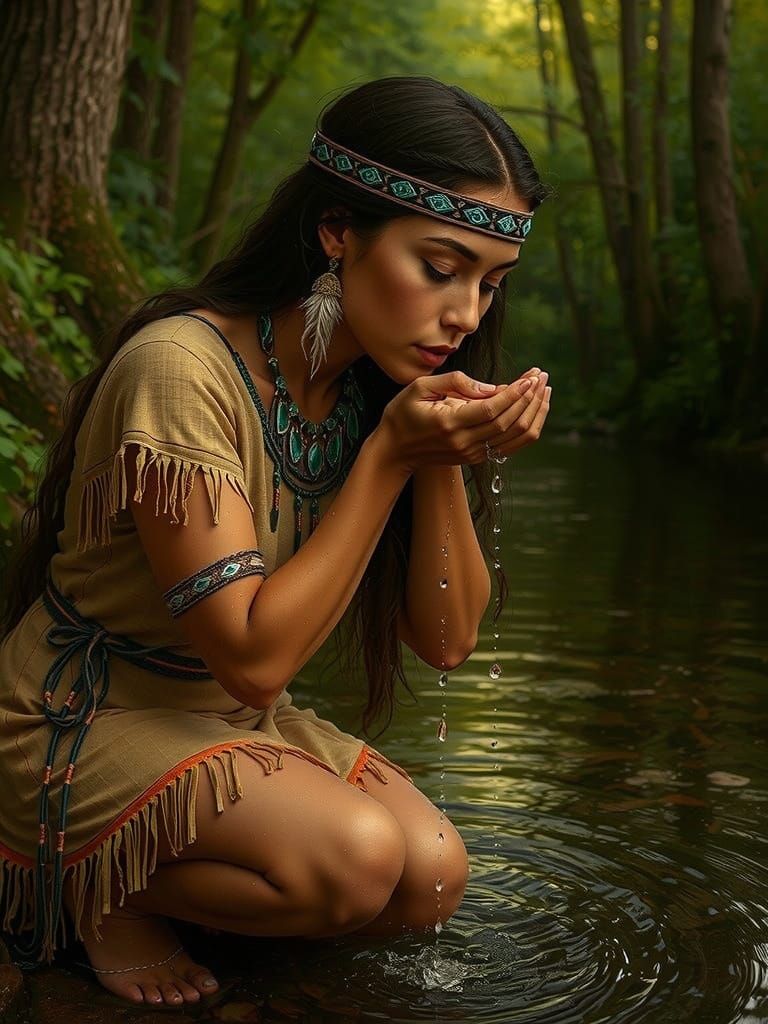 Indigenous Woman in Forest Stream, Photorealistic Style