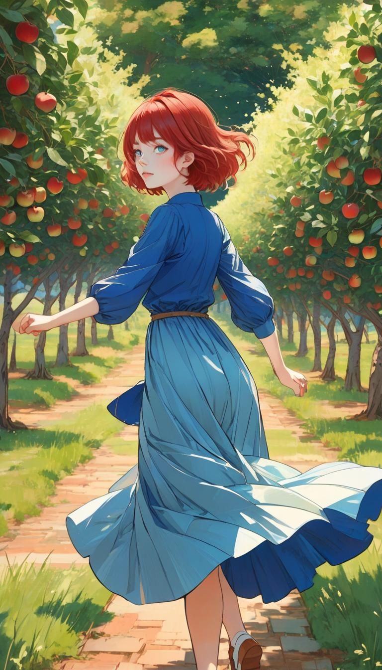 Red-Haired Girl in Orchard: Aesthetic Illustration