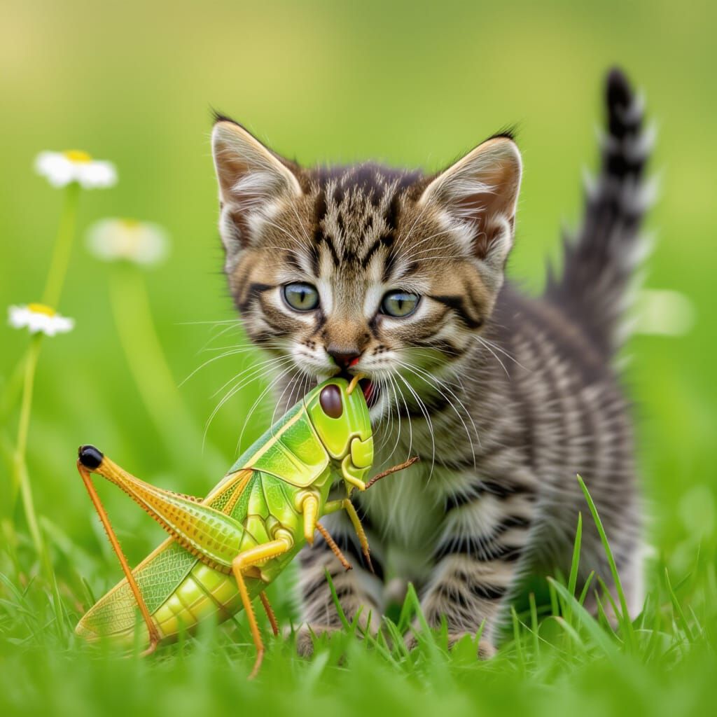 Cute Kitten Eats Giant Grasshopper in Meadow