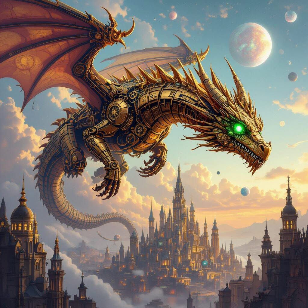 Clockwork Dragon Soaring Over Steampunk City