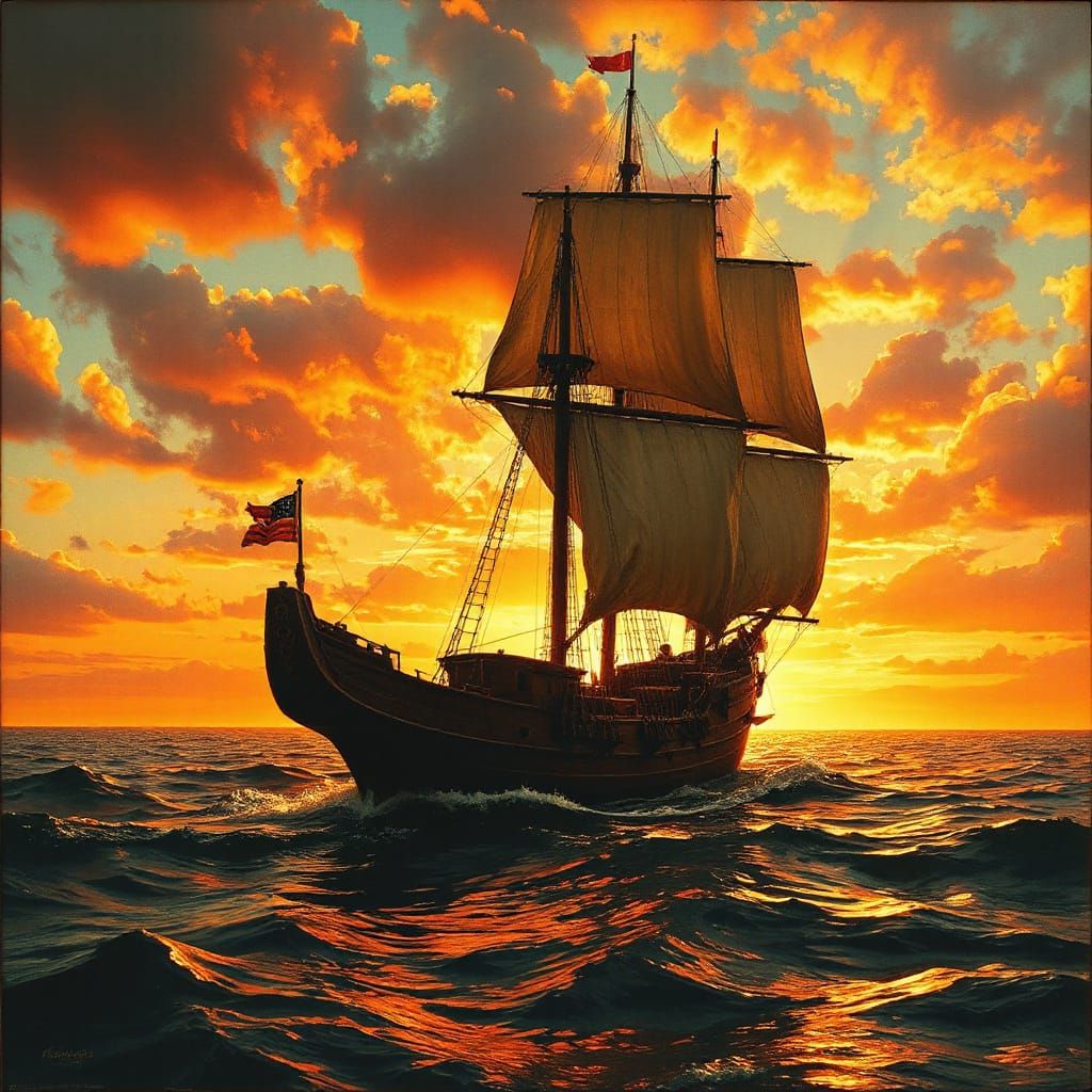 Ship Sails into a Fiery Horizon: Pre-Raphaelite Painting