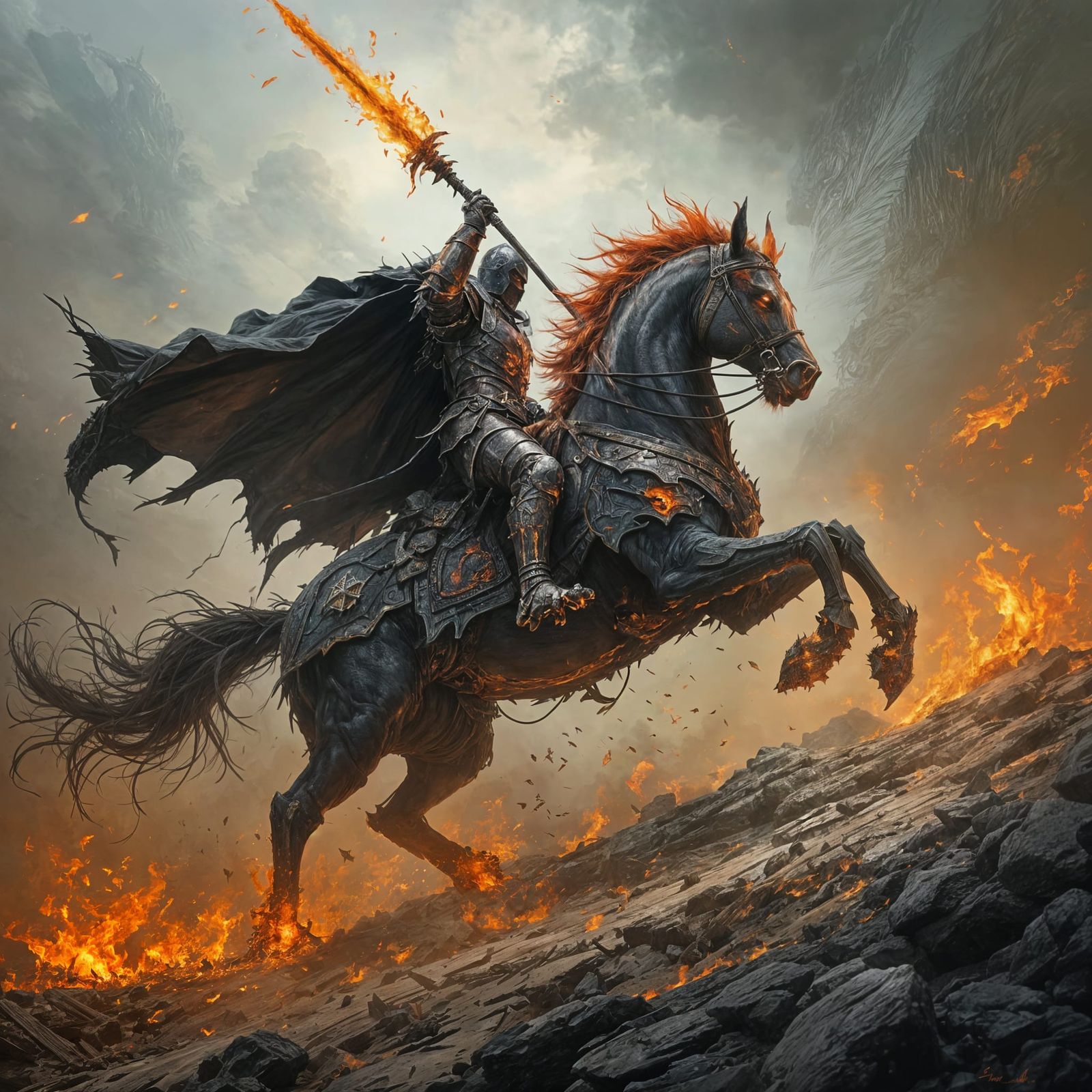 Dark Fantasy Demon Knight Tramples Enemies on Flaming Stalli...