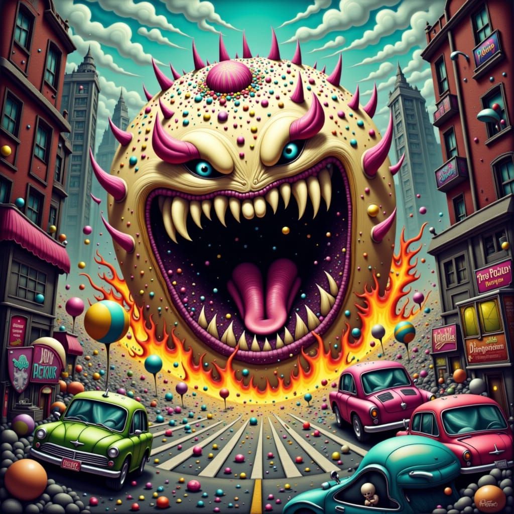 Monster Cake Devours City in Chaotic Digital Art
