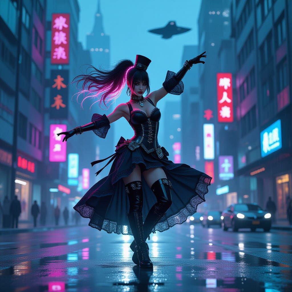 Cyberpunk Gothic Dancer in Neon Noir Style