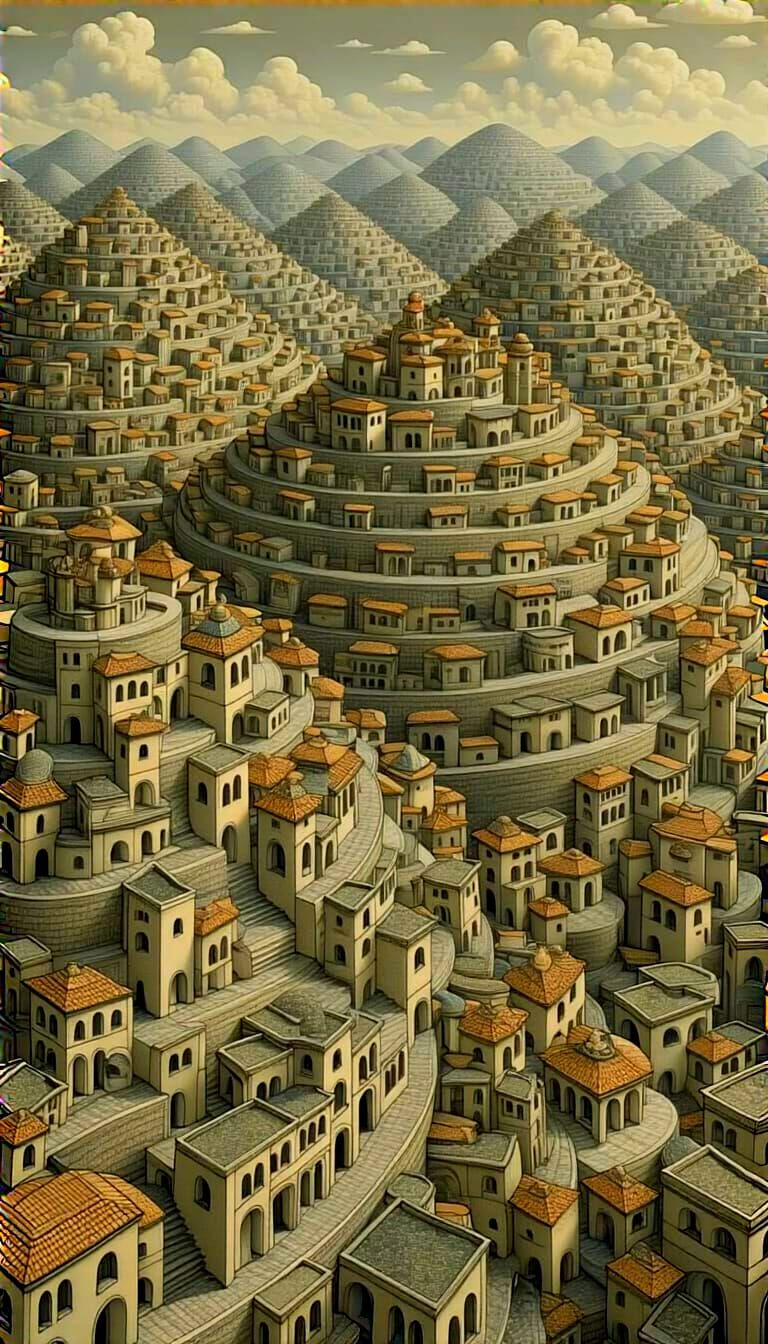 Escher-esque Terraced Buildings on Rolling Hills