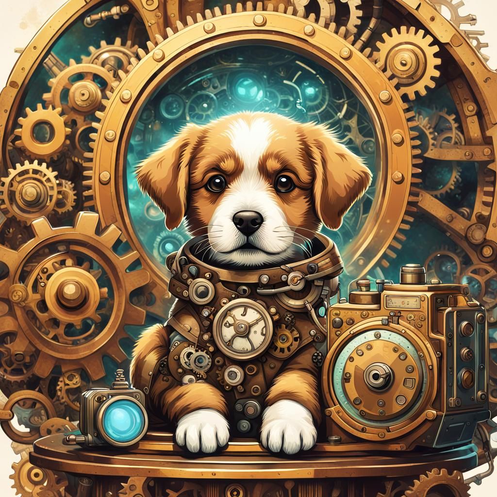 Steampunk Puppy in Time Machine: Retro-Futuristic Portrait