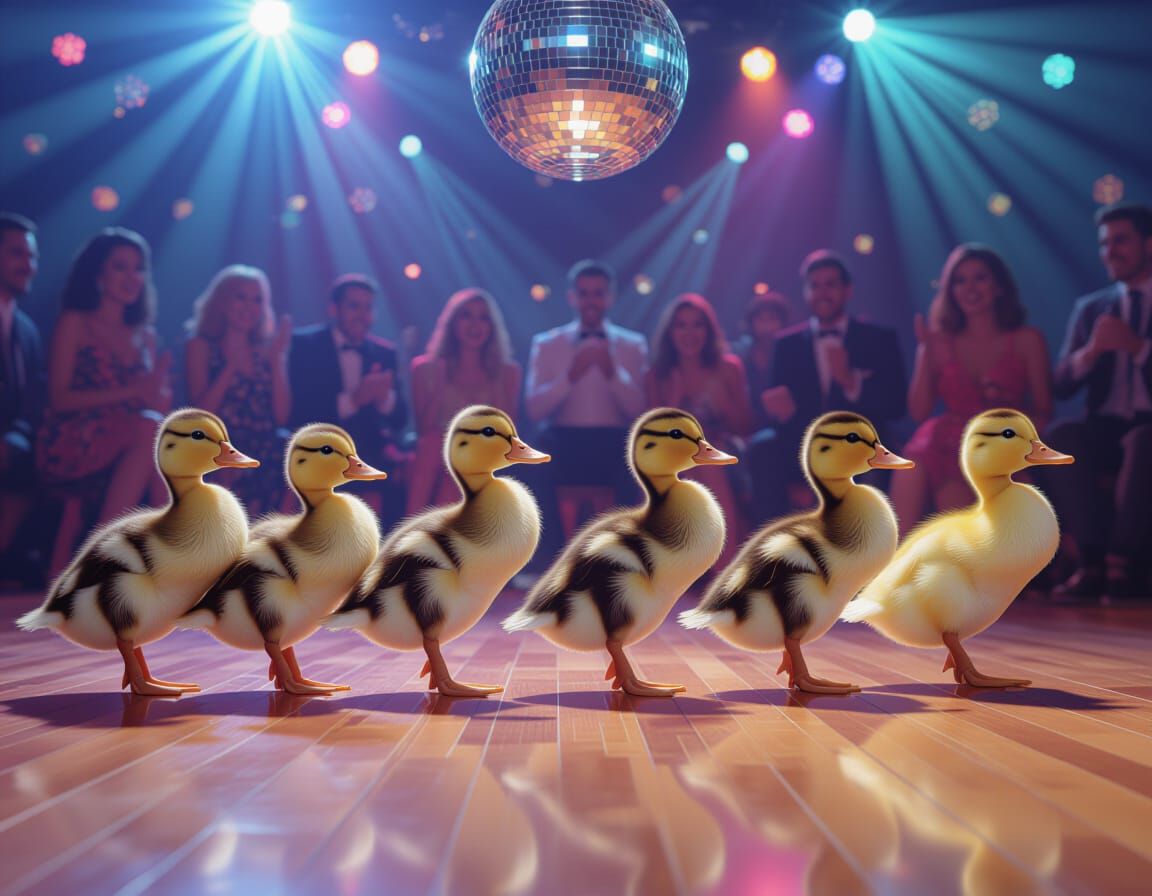 Ducklings Disco Dance Party in Hyperrealistic Style