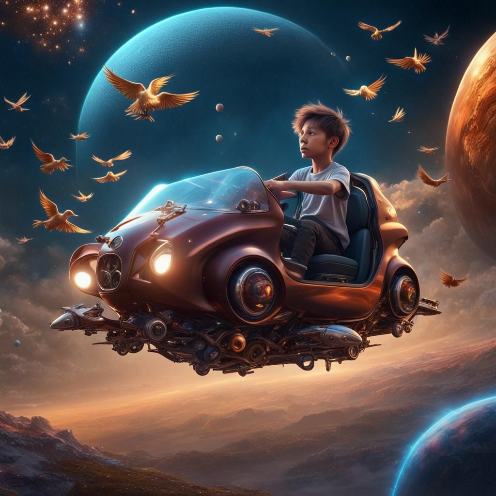 A boy flying high in sky