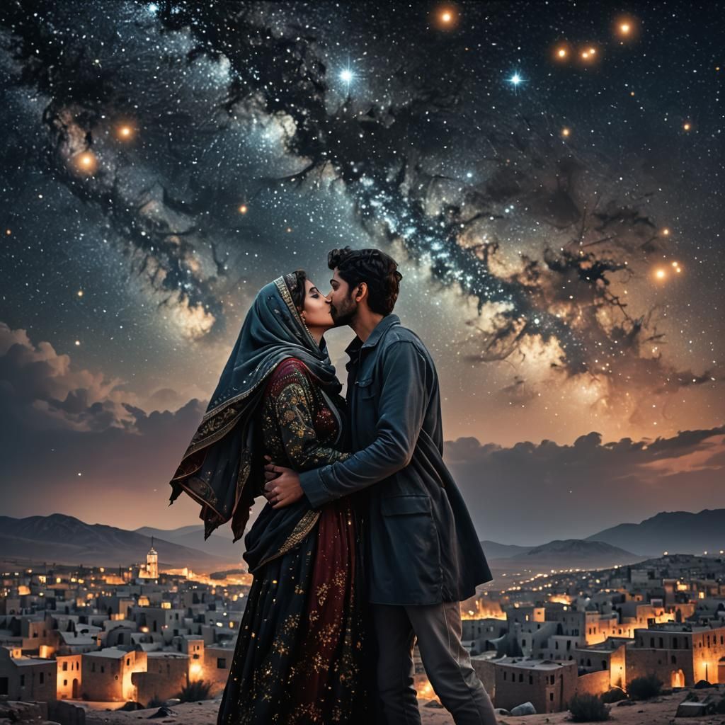 Romantic Kiss Under Starry Sky: Fantasy Concept Art