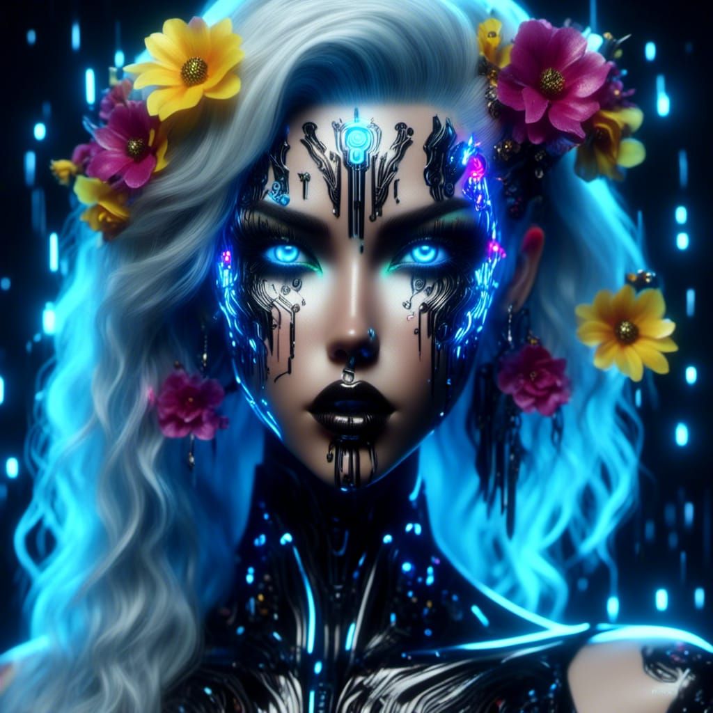 Cyberpunk Elf with Shattered Glass and Neon Flowers