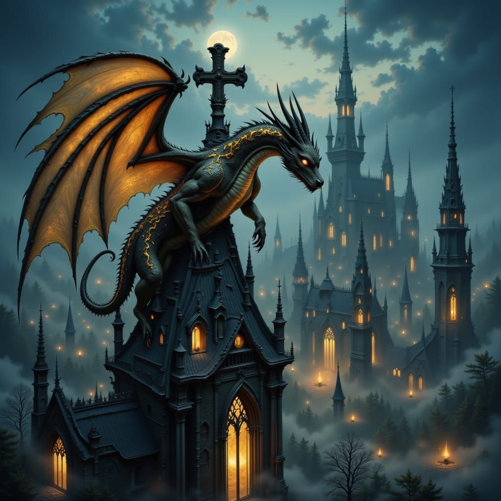 Golden Dragon on Gothic Cathedral Spire