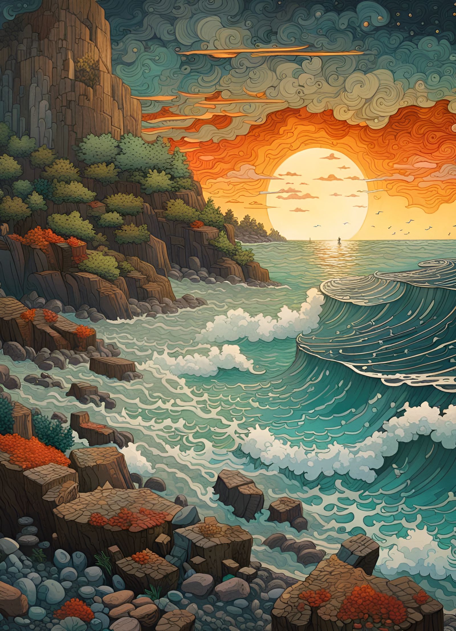 Stormy Rocky Shoreline Landscape in Splash Art Style