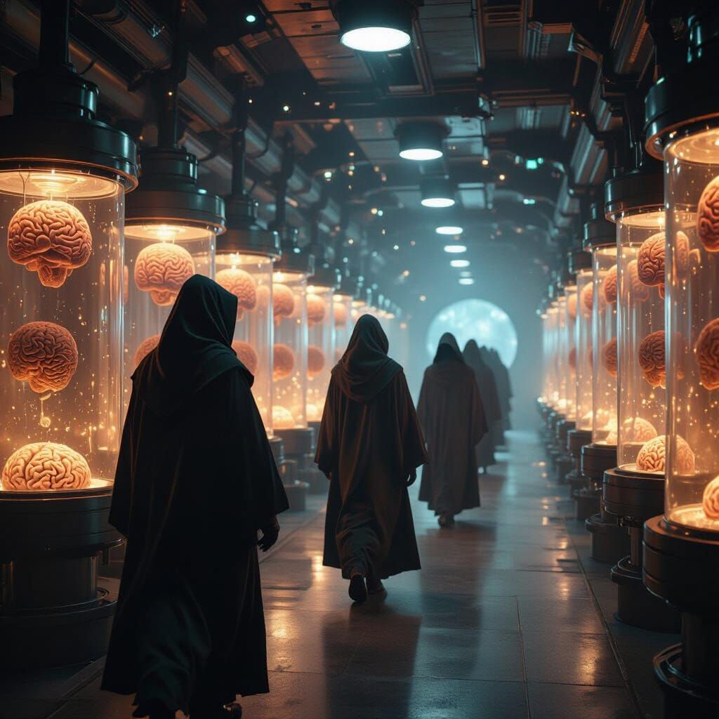 Monks in Spaceship Control Room: Cinematic Sci-Fi Scene